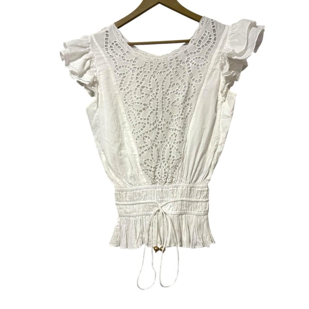 Karina Grimaldi Size Small White Eyelet Ruffle Shoulder Smocked Tie Waist Top